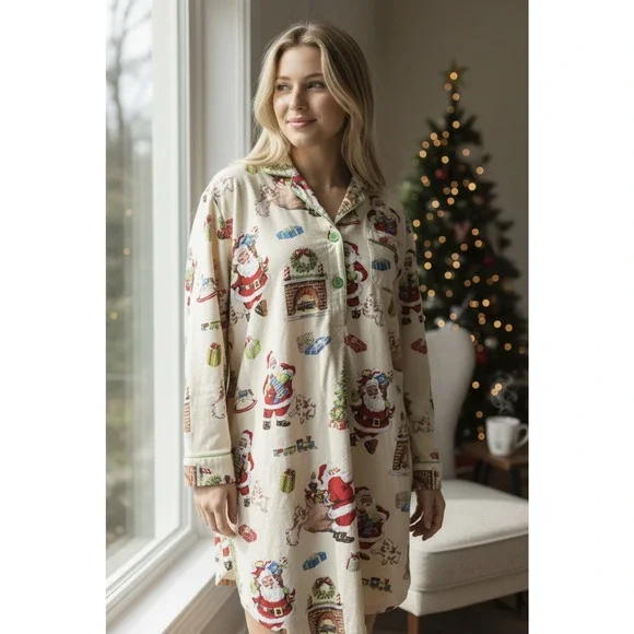 Nick & Nora Christmas Santa Themed Flannel Cotton Nightgown Holiday PJ's XXL - Picture 13 of 14
